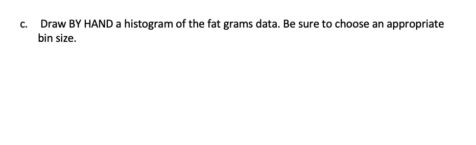 Draw BY HANDa histogram of the fat grams data. Be sure to choose an appropriate
bin size.

