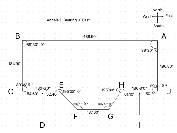 B
D89°30' 0"
184.90'
C
Angele D Bearing 0° East
488.60'
West+
North
st+
South
A
East
89°45' 0"
180°0'0"
54.60'
52.40'
E
89°30' 0"
190.50'
H
89°45'0"
195'30' 0"
195 30' 0"
180°0'0"
61.10'
50.20'
J
D
165'15'0"
F
137.60'
165 15' 0%
G
