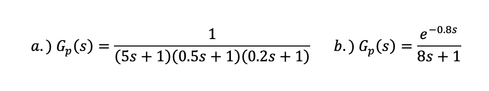 a.) G₂ (s) =
1
(5s + 1)(0.5s + 1)(0.2s + 1)
b.) G₂ (s)
=
-0.8s
e
8s + 1