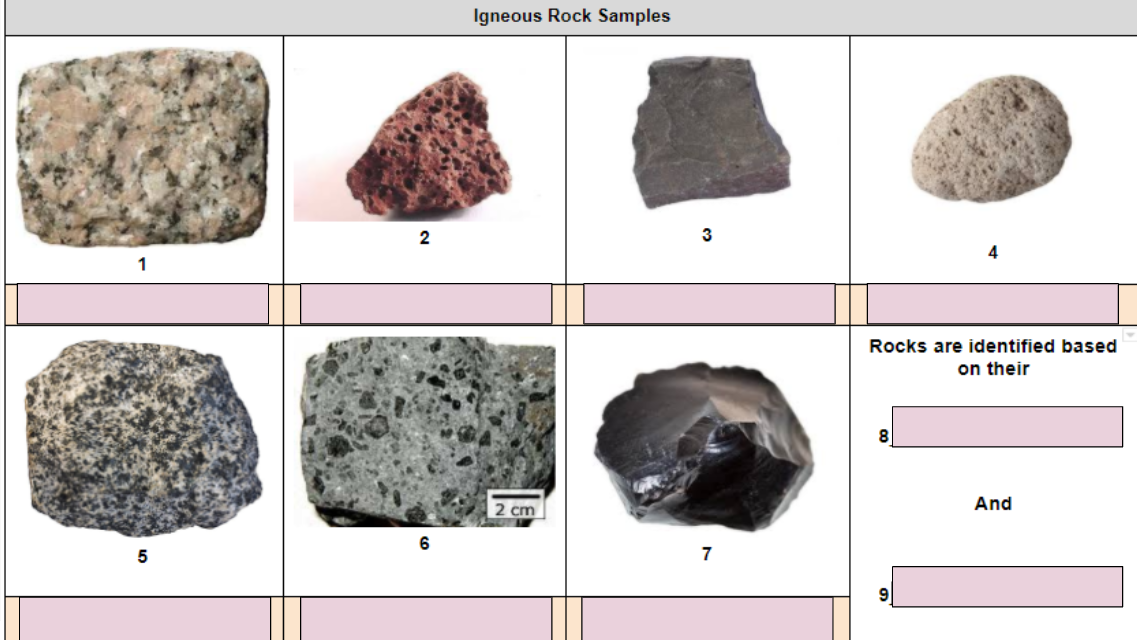 1
5
2
6
Igneous Rock Samples
2 cm
3
7
Rocks are identified based
on their
8
And