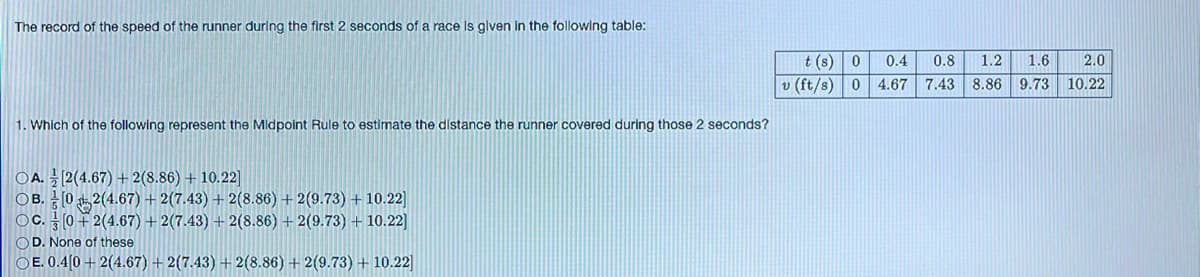 The record of the speed of the runner during the first 2 seconds of a race is given in the following table:
1. Which of the following represent the Midpoint Rule to estimate the distance the runner covered during those 2 seconds?
OA. [2(4.67) + 2(8.86) + 10.22]
OB. [02(4.67) + 2(7.43) + 2(8.86) +2(9.73) + 10.22]
OC. [0+2(4.67) +2(7.43) + 2(8.86) +2(9.73) + 10.22]
OD. None of these
OE. 0.4[0+2(4.67) +2(7.43) +2(8.86) + 2(9.73) + 10.22]
t(s) 0
v (ft/s) 0
0.4
4.67
0.8 1.2 1.6
7.43
2.0
8.86 9.73 10.22