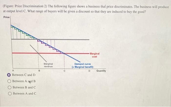(Figure: Price Discrimination 2) The following figure shows a business that price discriminates. The business will produce
at output level C. What range of buyers will be given a discount so that they are induced to buy the good?
Price
A
Between C and D.
Between A and B
Between B and C
Between A and C
Marginal
revenue
Marginal
cost
Demand curve
(= Marginal benefit)
D
Quantity